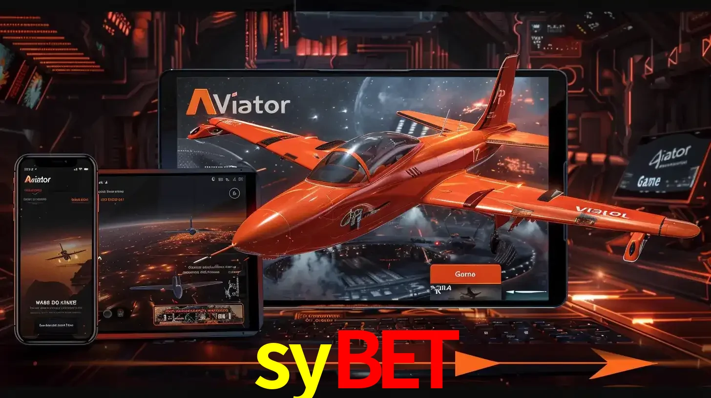Apresentação tecnológica do jogo Aviator com um avião saindo da tela de um tablet, demonstrando a experiência imersiva em múltiplos dispositivos no sybet.
