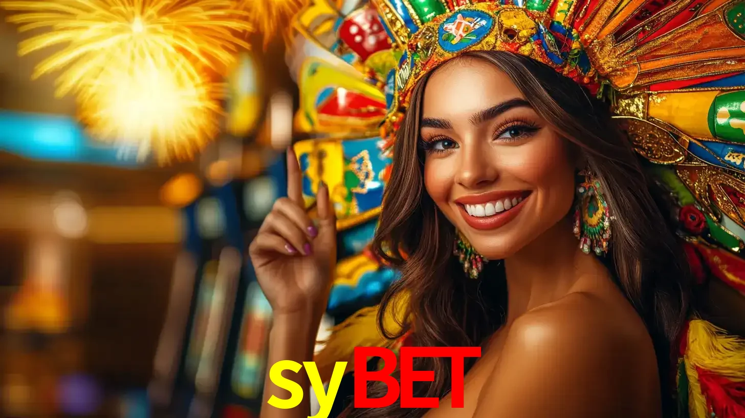 Mulher sorridente com um cocar de carnaval vibrante e colorido, celebrando uma grande vitória nos jogos do cassino sybet com fogos de artifício ao fundo.