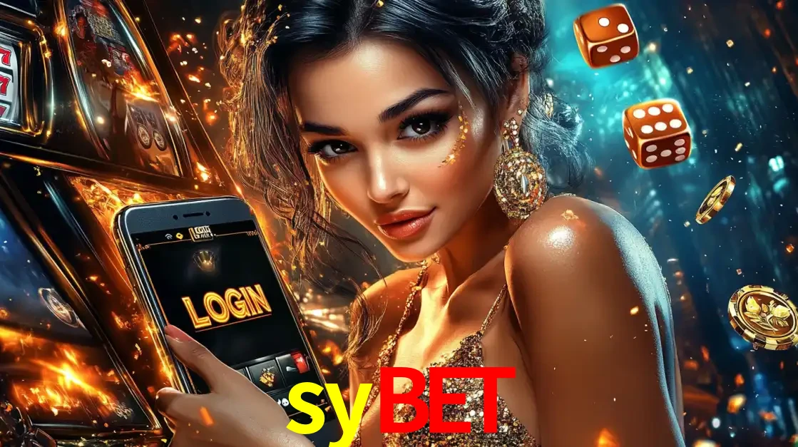 Mulher glamourosa segurando um celular com a tela de login do cassino sybet, rodeada por dados e moedas douradas, pronta para começar a diversão.