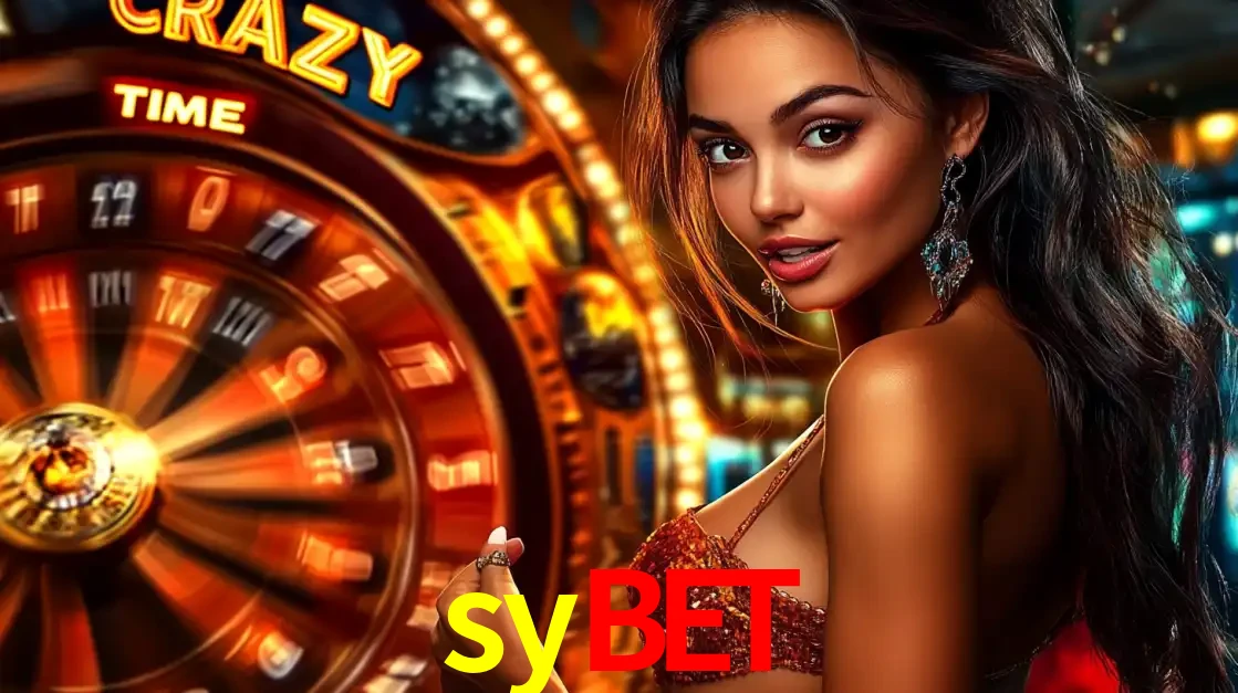 Mulher ao lado da roda de prêmios do jogo de cassino ao vivo Crazy Time, um dos shows de jogos mais emocionantes oferecidos pela plataforma de apostas sybet.