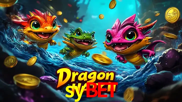 Arte promocional do jogo Dragon Hatch com três adoráveis dragões bebês nadando entre moedas de ouro, um dos slots mais divertidos para jogar no cassino sybet.
