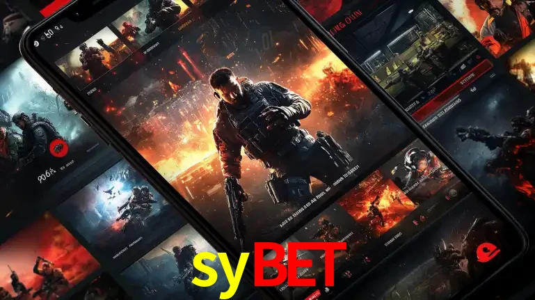 Tela de um celular exibindo uma galeria de jogos de tiro com temática militar, mostrando a variedade de e-sports disponíveis para apostas na plataforma de entretenimento sybet.