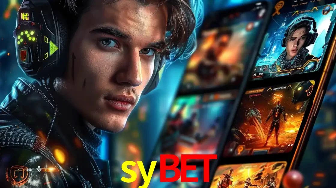 Jovem jogador com fones de ouvido olhando para a câmera, com um aplicativo de jogos e e-sports para celular ao fundo, pronto para a competição e apostas no sybet.