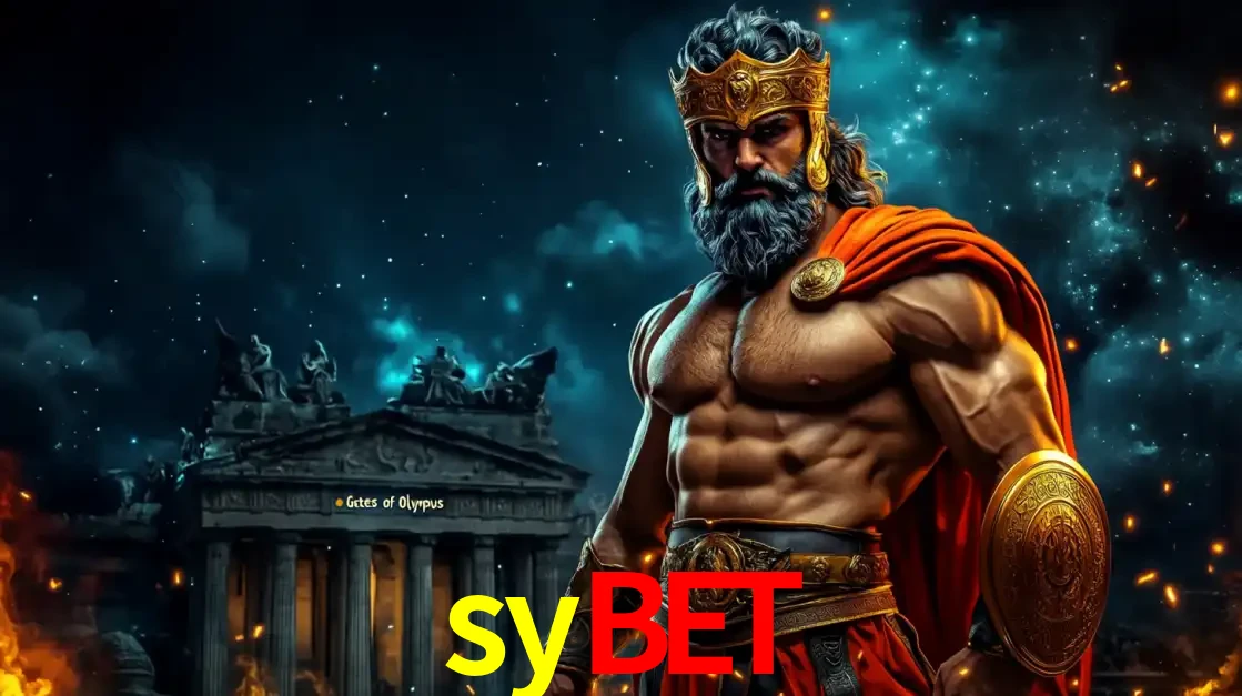 O poderoso Zeus do jogo de slot Gates of Olympus em frente ao seu templo, pronto para lançar multiplicadores divinos e prêmios épicos no cassino online sybet.