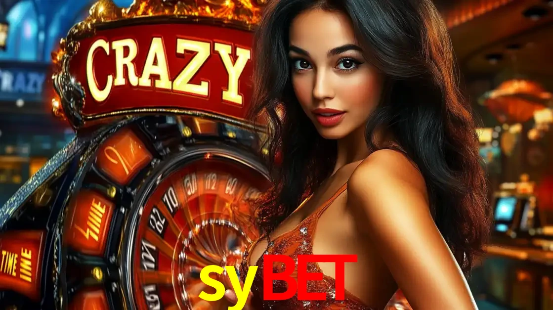 Mulher glamourosa olhando para a câmera com a roda vermelha do Crazy Time ao fundo em um ambiente de cassino, destacando a emoção dos jogos ao vivo no sybet.