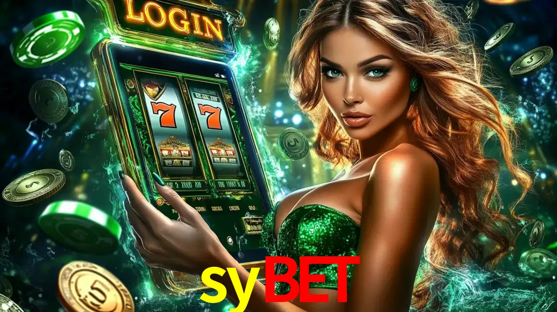 Mulher com tema verde apresentando o aplicativo do cassino sybet com um jogo de slot de 777, cercada por fichas de cassino e uma aura de sorte.