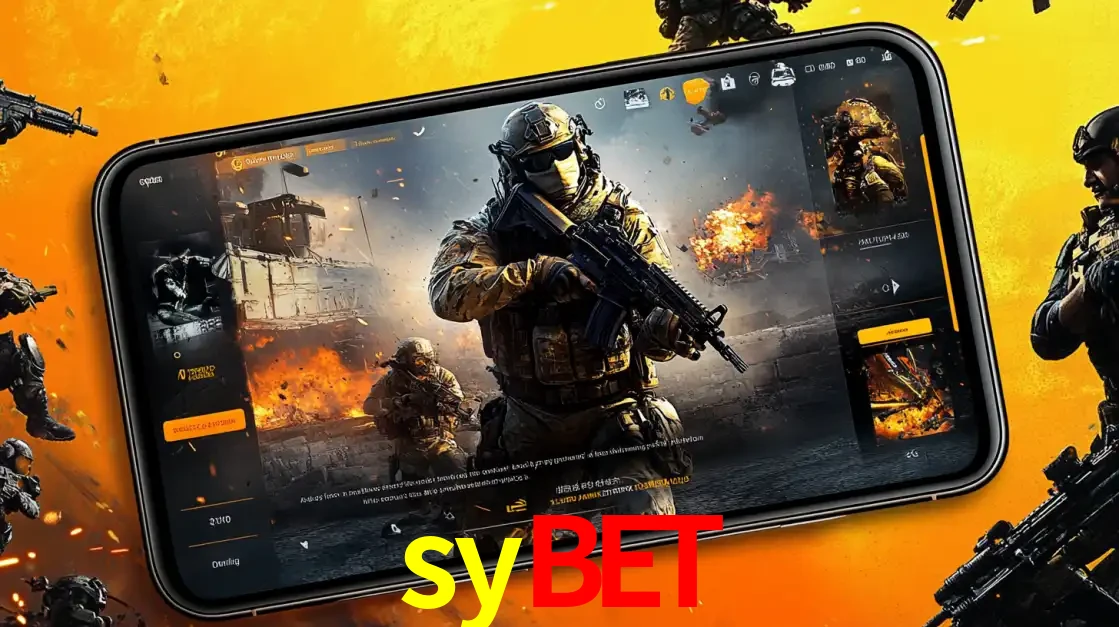 Um smartphone exibindo a interface de um jogo de tiro em primeira pessoa, com um soldado em um cenário de batalha, representando a ação dos e-sports para apostar no sybet.