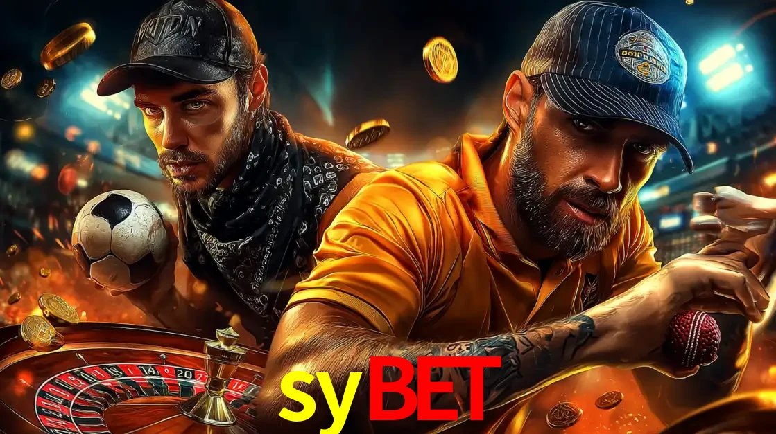 Montagem de apostas esportivas e cassino no sybet, com um homem segurando uma bola de futebol e outro uma de beisebol sobre uma roleta e moedas voadoras.