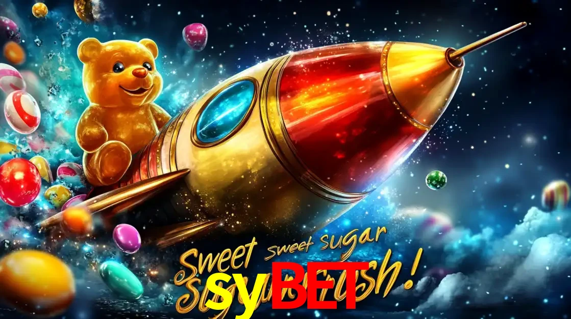 Arte promocional do jogo de slot Sugar Rush, com um urso de pelúcia em um foguete viajando pelo espaço de doces, um dos jogos divertidos disponíveis no cassino sybet.