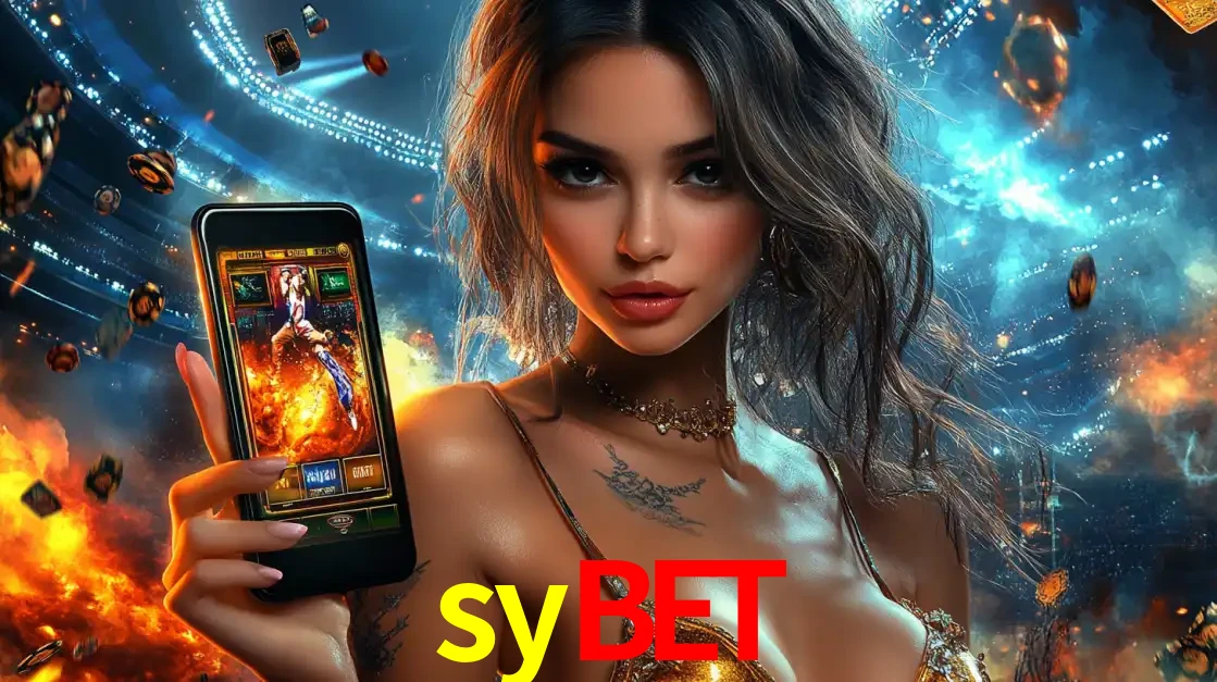 Mulher segurando um celular com um jogo de slot em destaque, tendo como fundo um estádio vibrante, simbolizando a emoção de jogar no cassino móvel sybet.