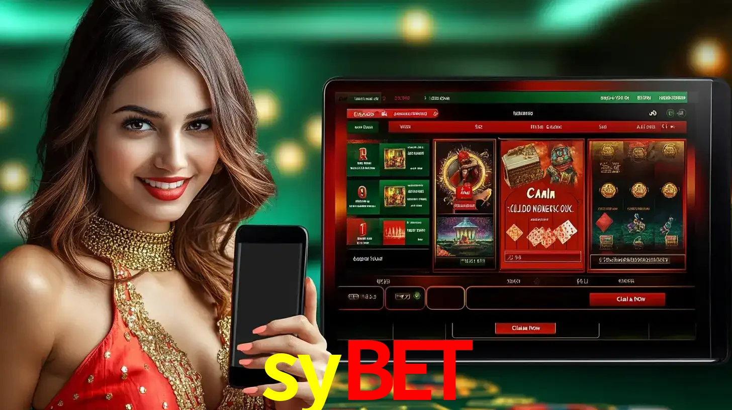 Mulher sorridente segurando um smartphone, ao lado de uma tela exibindo o lobby de jogos do cassino online sybet, com várias opções de jogos de cartas e slots.